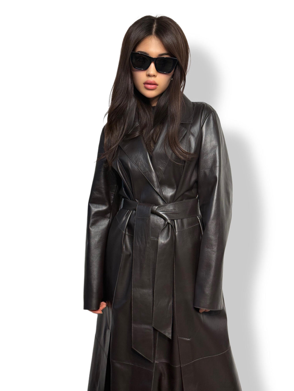 Dark Brown Leather Trench Coat: Elegant Women's Plus Size Sheepskin Coat For Women