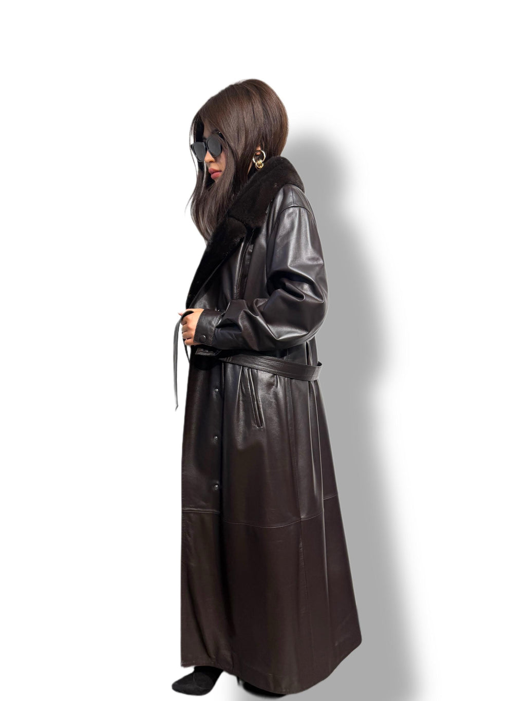 Handmade Brown Leather Trench Coat: Mink Fur Collar, Belted Long Overcoat