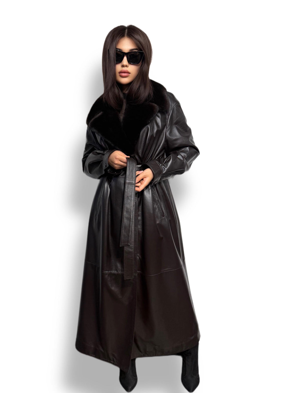Handmade Brown Leather Trench Coat: Mink Fur Collar, Belted Long Overcoat