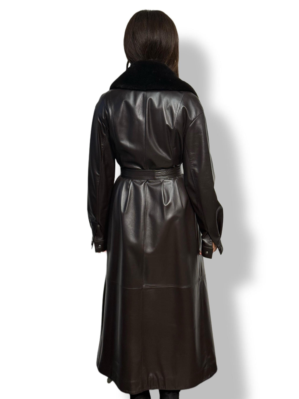 Handmade Brown Leather Trench Coat: Mink Fur Collar, Belted Long Overcoat