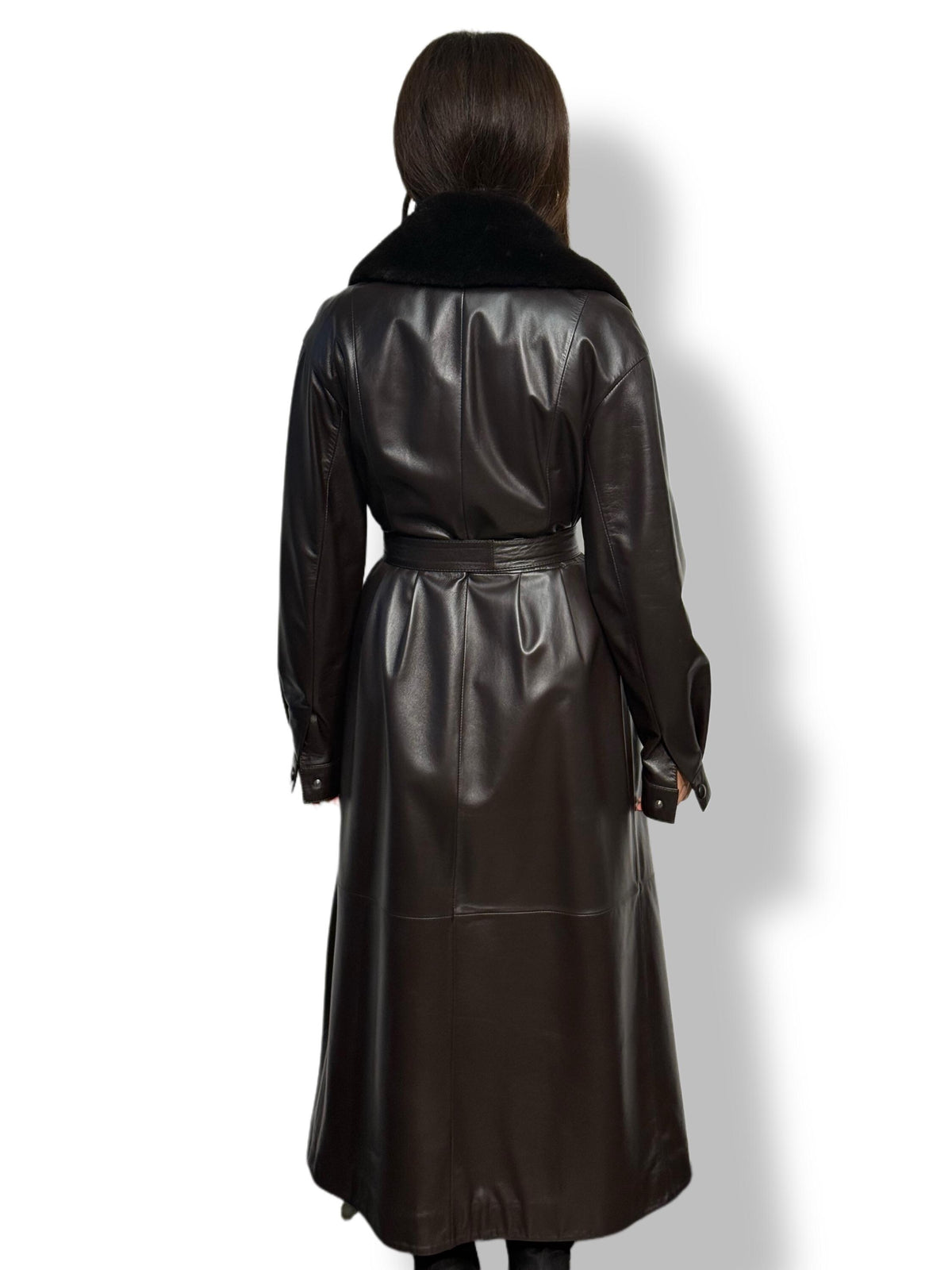 Handmade Brown Leather Trench Coat: Mink Fur Collar, Belted Long Overcoat