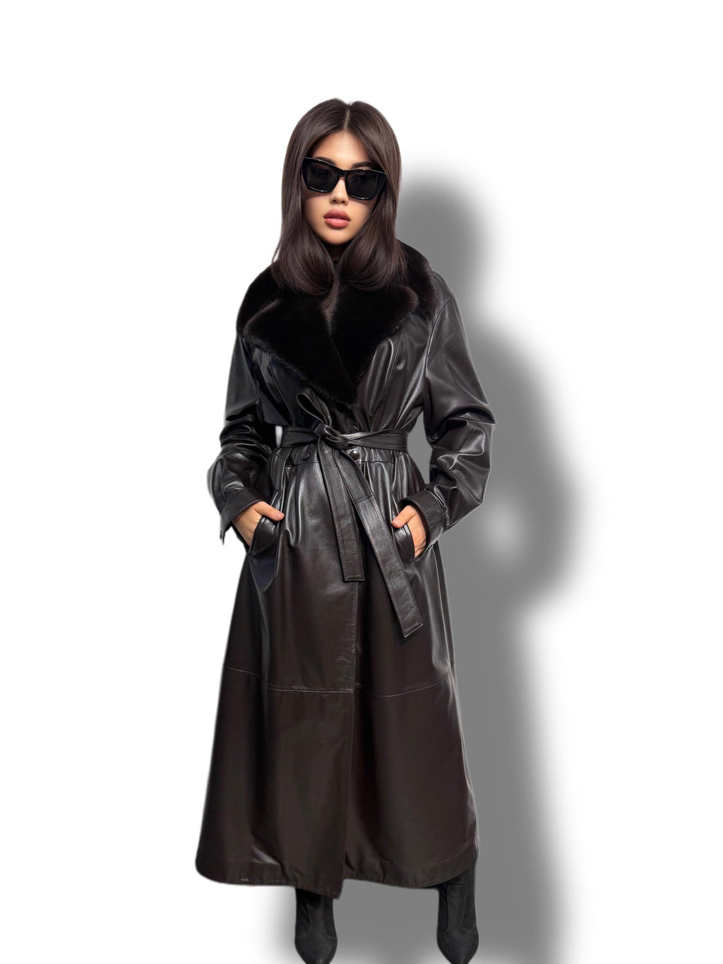 Handmade Brown Leather Trench Coat: Mink Fur Collar, Belted Long Overcoat