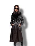 Handmade Brown Leather Trench Coat: Mink Fur Collar, Belted Long Overcoat