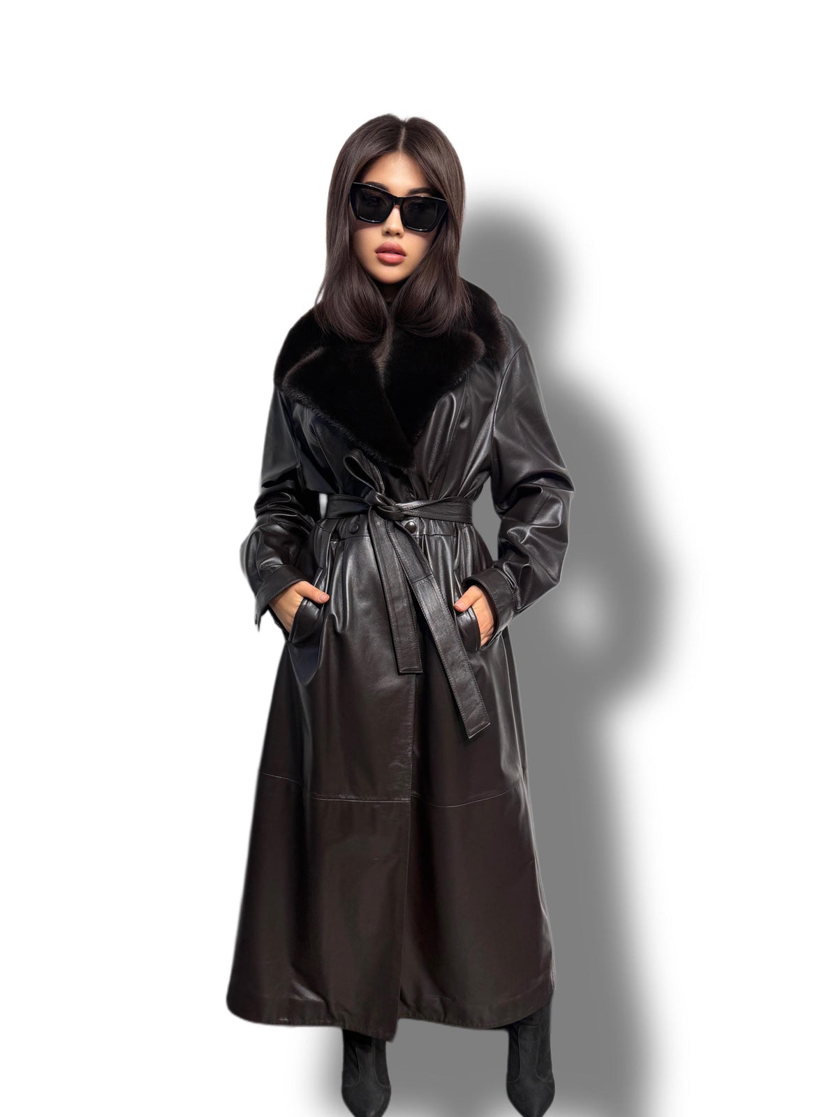 Handmade Brown Leather Trench Coat: Mink Fur Collar, Belted Long Overcoat