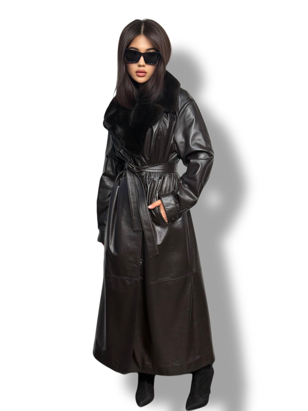 Handmade Brown Leather Trench Coat: Mink Fur Collar, Belted Long Overcoat