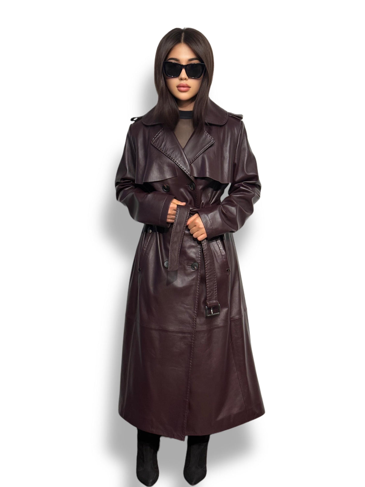 Burgundy Leather Trench Coat: Handmade Plus Size Women's Outerwear