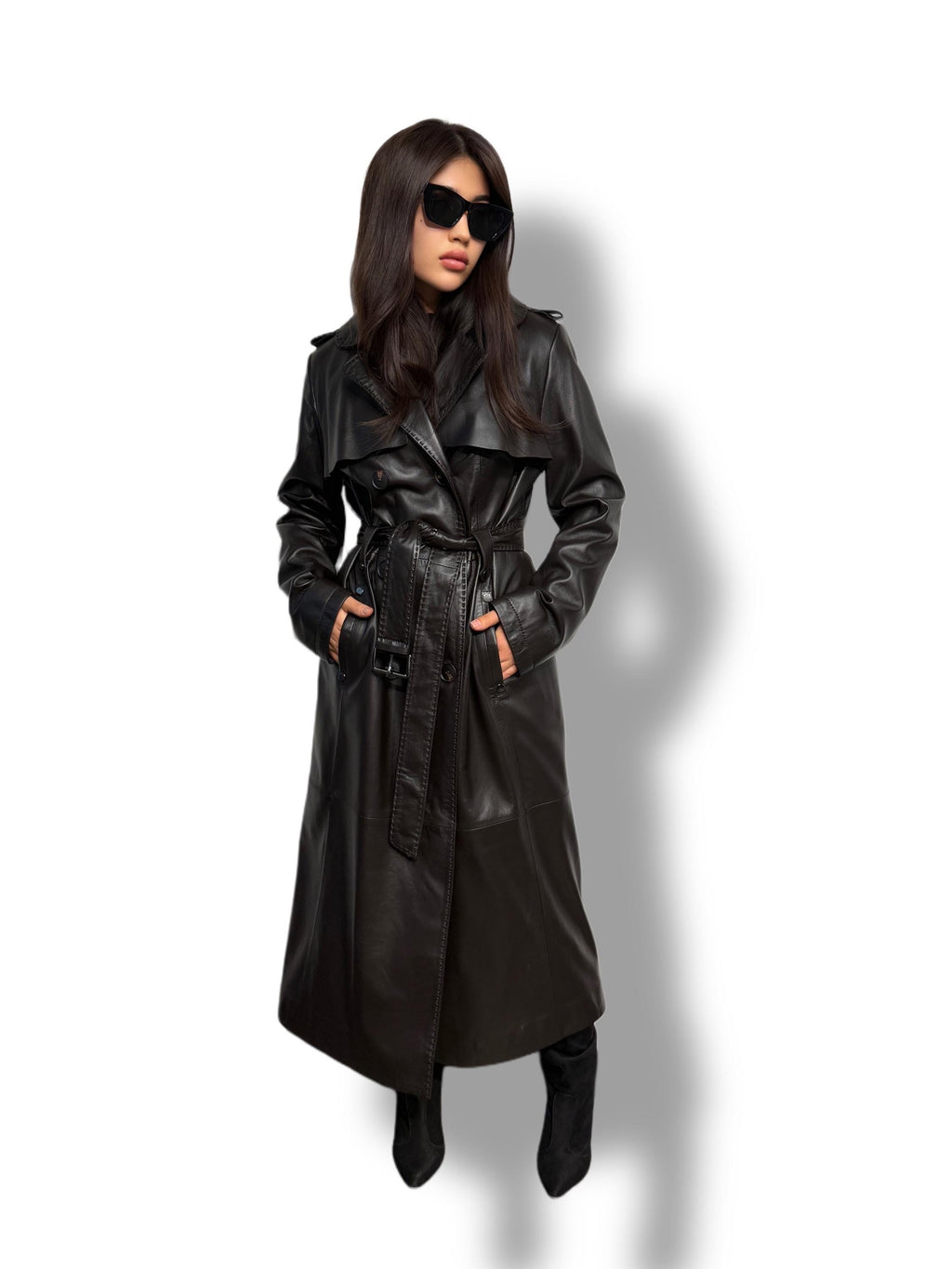 Black Leather Trench Coat | Luxury Long Sheepskin Leather Coat With Belt | Handmade Women Elegant Plus Size Leather Outerwear | Gift For Her