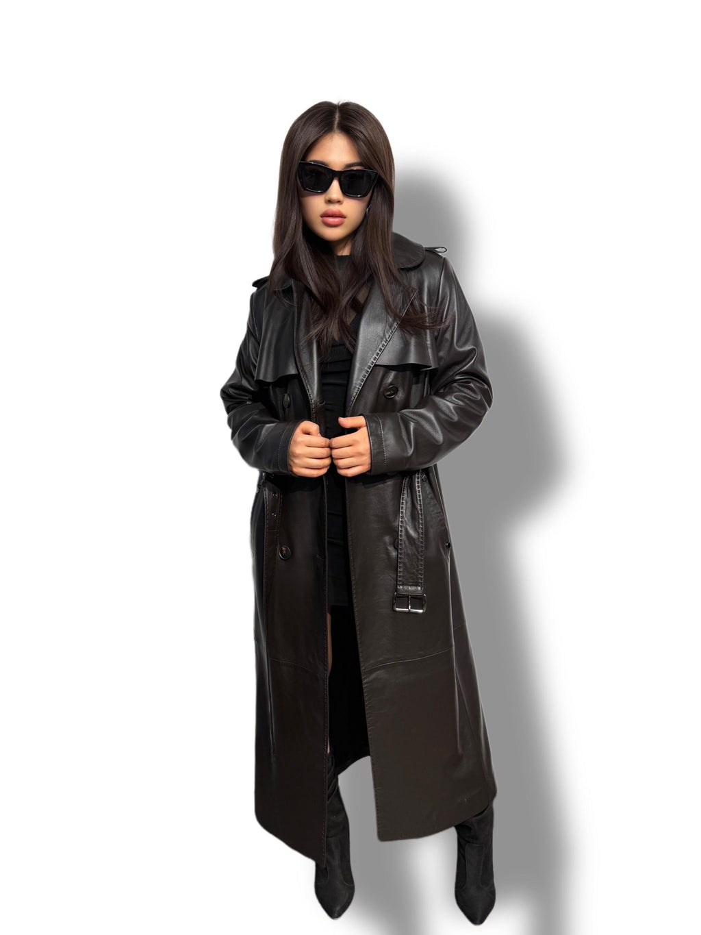 Black Leather Trench Coat | Luxury Long Sheepskin Leather Coat With Belt | Handmade Women Elegant Plus Size Leather Outerwear | Gift For Her