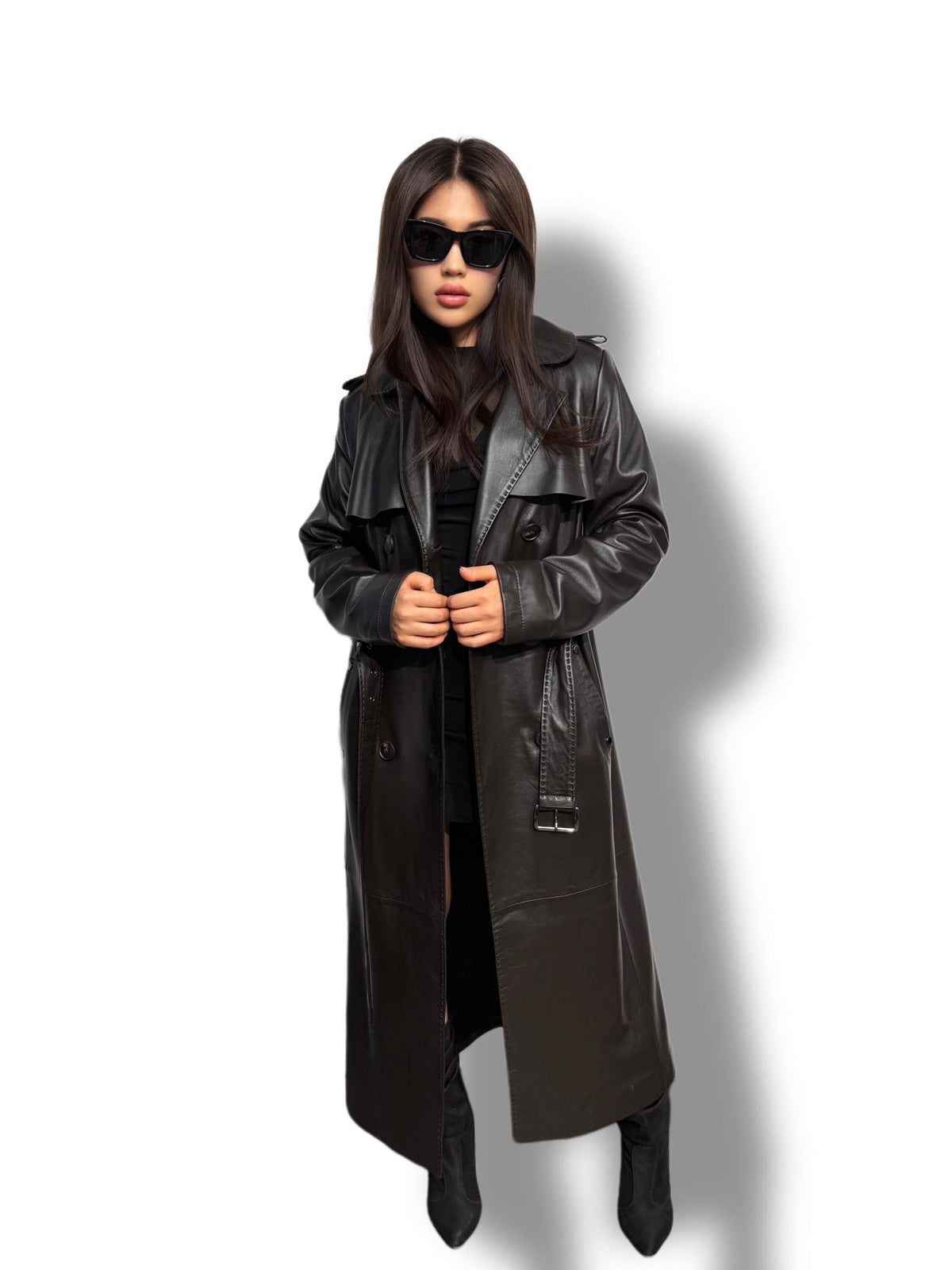 Black Leather Trench Coat | Luxury Long Sheepskin Leather Coat With Belt | Handmade Women Elegant Plus Size Leather Outerwear | Gift For Her