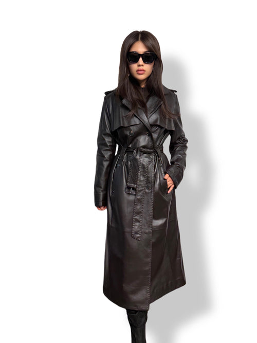 Black Leather Trench Coat | Luxury Long Sheepskin Leather Coat With Belt | Handmade Women Elegant Plus Size Leather Outerwear | Gift For Her