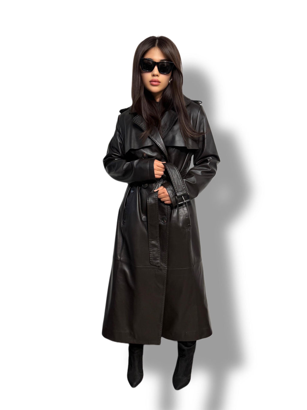 Black Leather Trench Coat | Luxury Long Sheepskin Leather Coat With Belt | Handmade Women Elegant Plus Size Leather Outerwear | Gift For Her