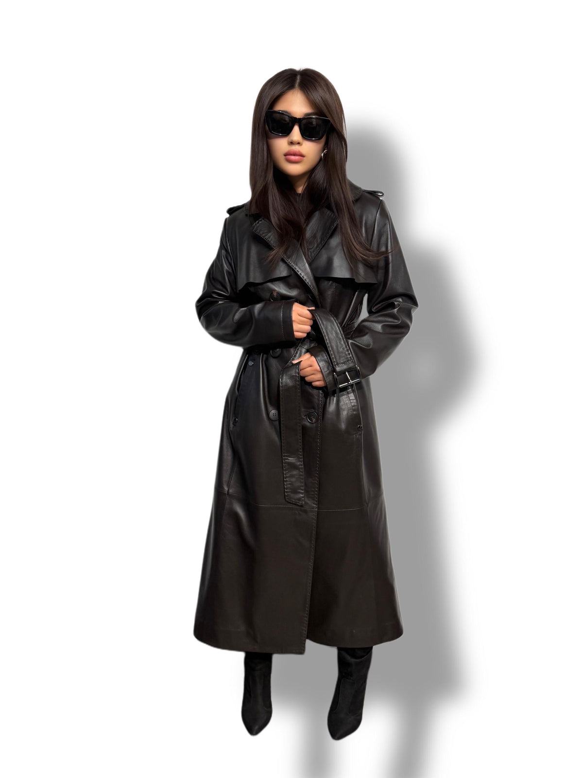 Black Leather Trench Coat | Luxury Long Sheepskin Leather Coat With Belt | Handmade Women Elegant Plus Size Leather Outerwear | Gift For Her