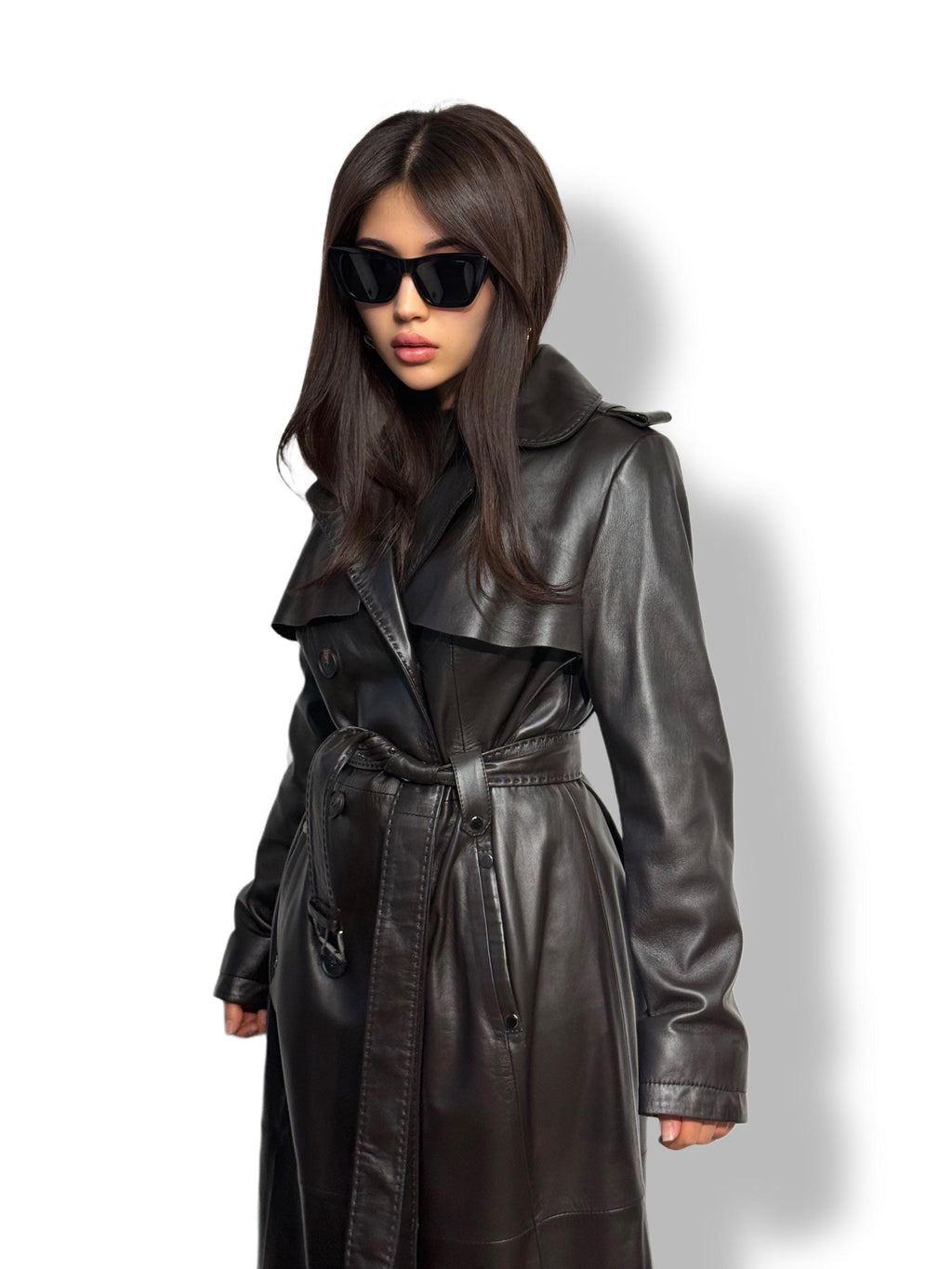 Black Leather Trench Coat | Luxury Long Sheepskin Leather Coat With Belt | Handmade Women Elegant Plus Size Leather Outerwear | Gift For Her