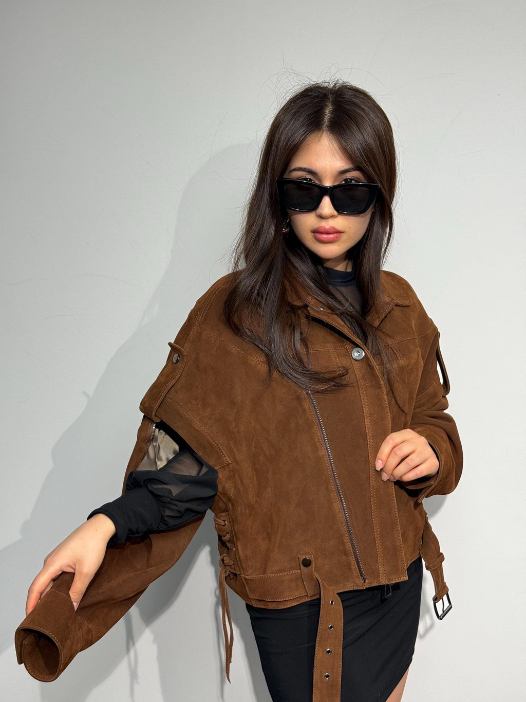 Handmade Brown Suede Biker Jacket: Oversized Detachable Sleeve Coat