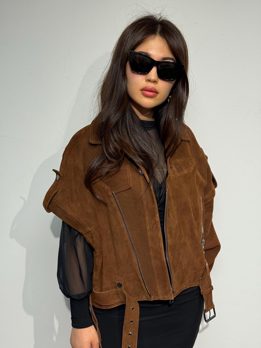 Handmade Brown Suede Biker Jacket: Oversized Detachable Sleeve Coat