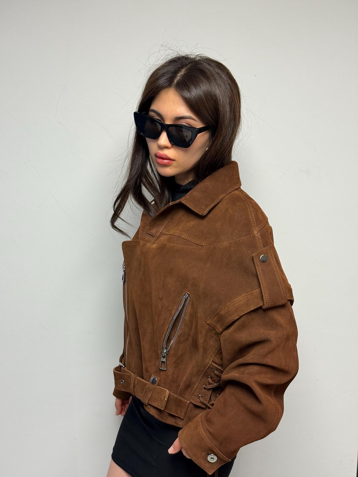 Handmade Brown Suede Biker Jacket: Oversized Detachable Sleeve Coat
