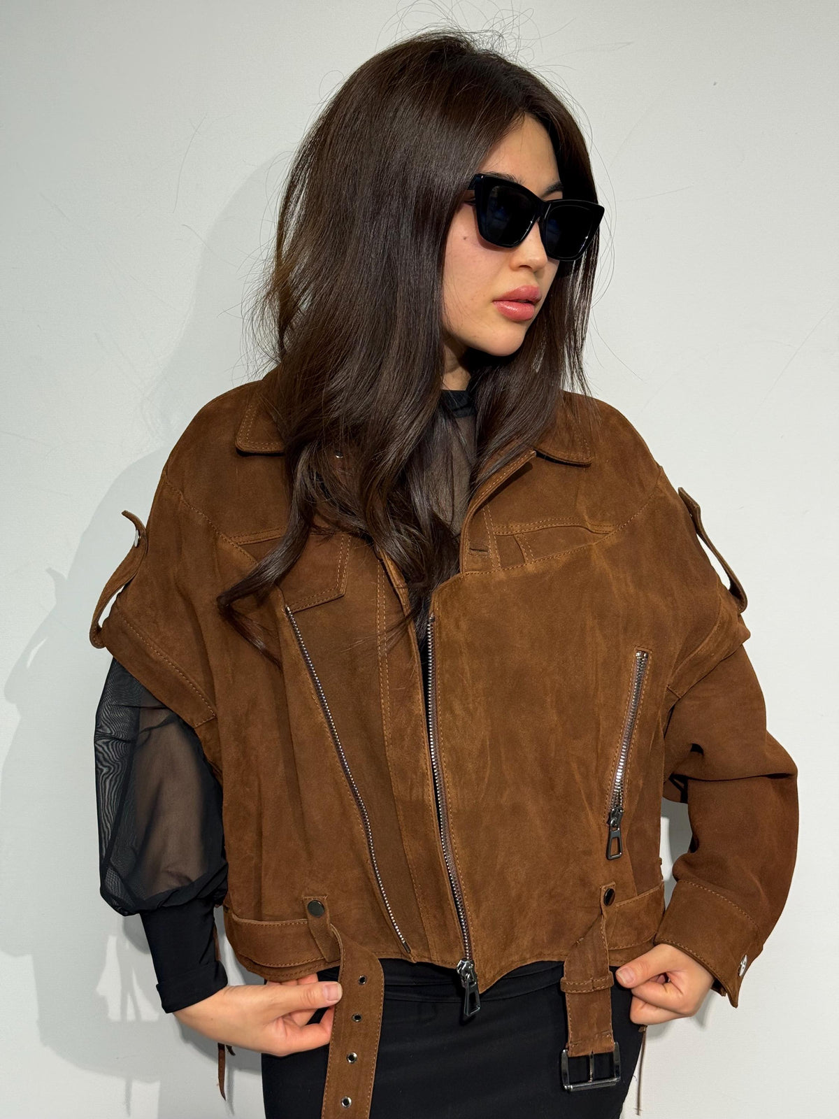 Handmade Brown Suede Biker Jacket: Oversized Detachable Sleeve Coat