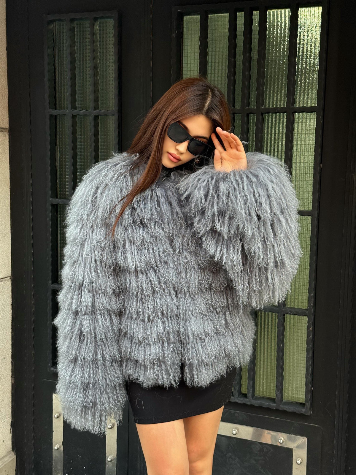 Gray Women Luxury Mongolian Sheepskin Tibetan Fur Coat | Handmade Winter Fluffy Lamb Fur Outerwear | Full Skin Shaggy Tibetan Fur Coat