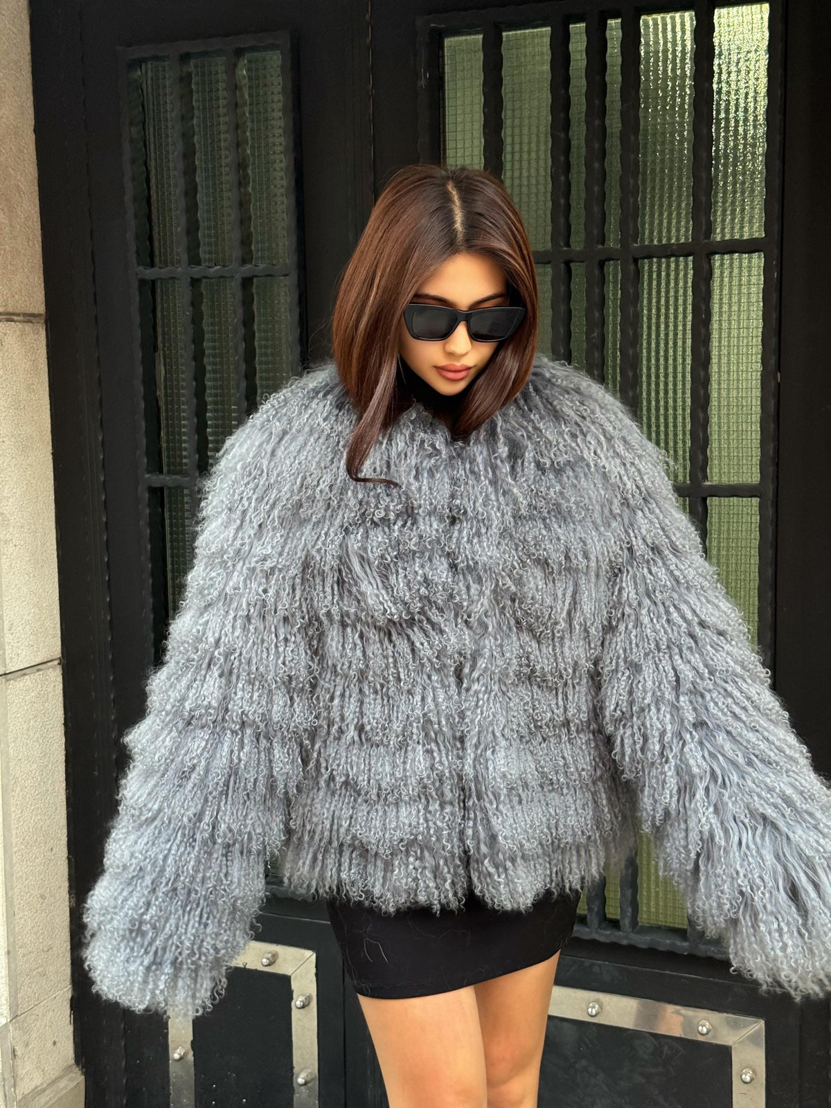 Gray Women Luxury Mongolian Sheepskin Tibetan Fur Coat | Handmade Winter Fluffy Lamb Fur Outerwear | Full Skin Shaggy Tibetan Fur Coat