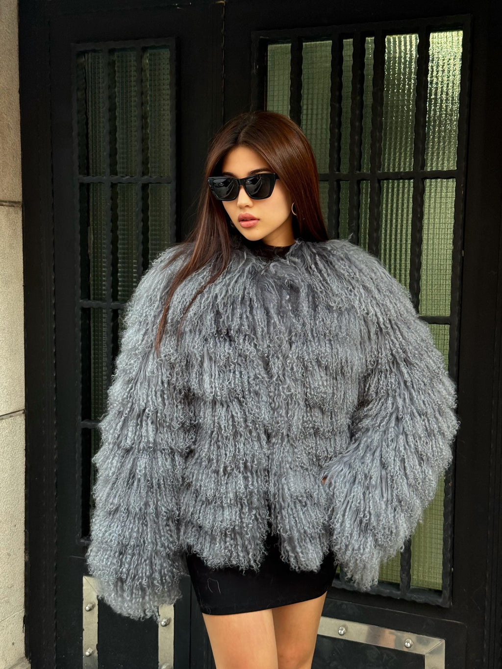 Gray Women Luxury Mongolian Sheepskin Tibetan Fur Coat | Handmade Winter Fluffy Lamb Fur Outerwear | Full Skin Shaggy Tibetan Fur Coat
