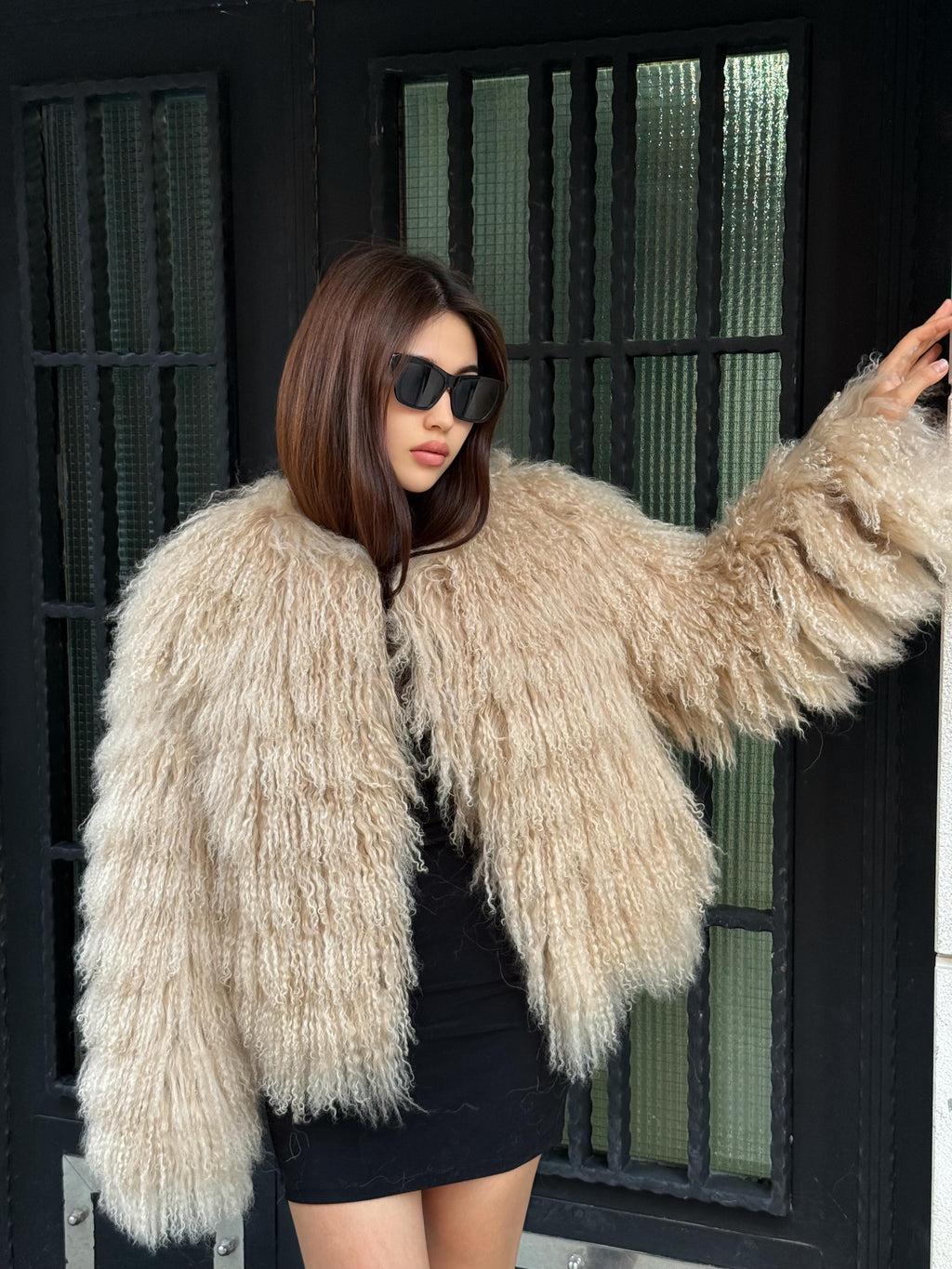 Camel Women Luxury Mongolian Sheepskin Tibetan Fur Coat | Handmade Winter Fluffy Lamb Fur Outerwear | Full Skin Shaggy Tibetan Fur Coat