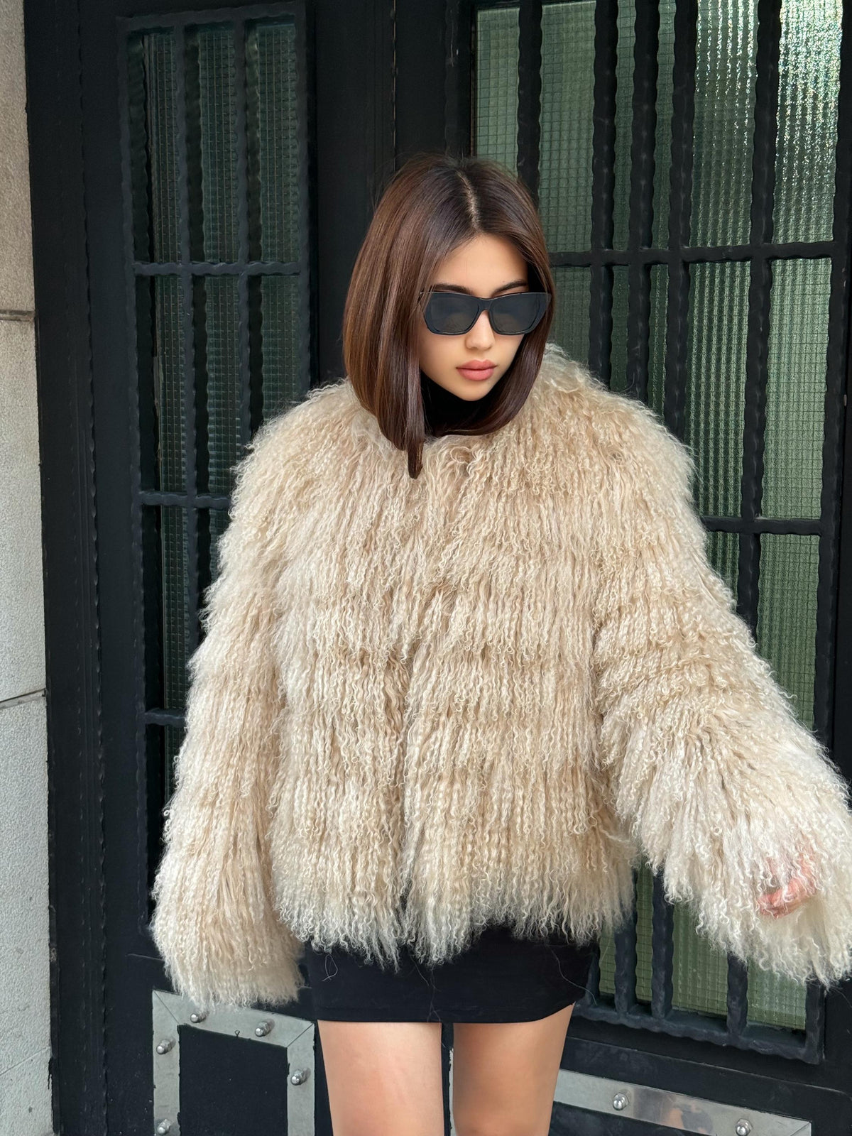 Camel Women Luxury Mongolian Sheepskin Tibetan Fur Coat | Handmade Winter Fluffy Lamb Fur Outerwear | Full Skin Shaggy Tibetan Fur Coat