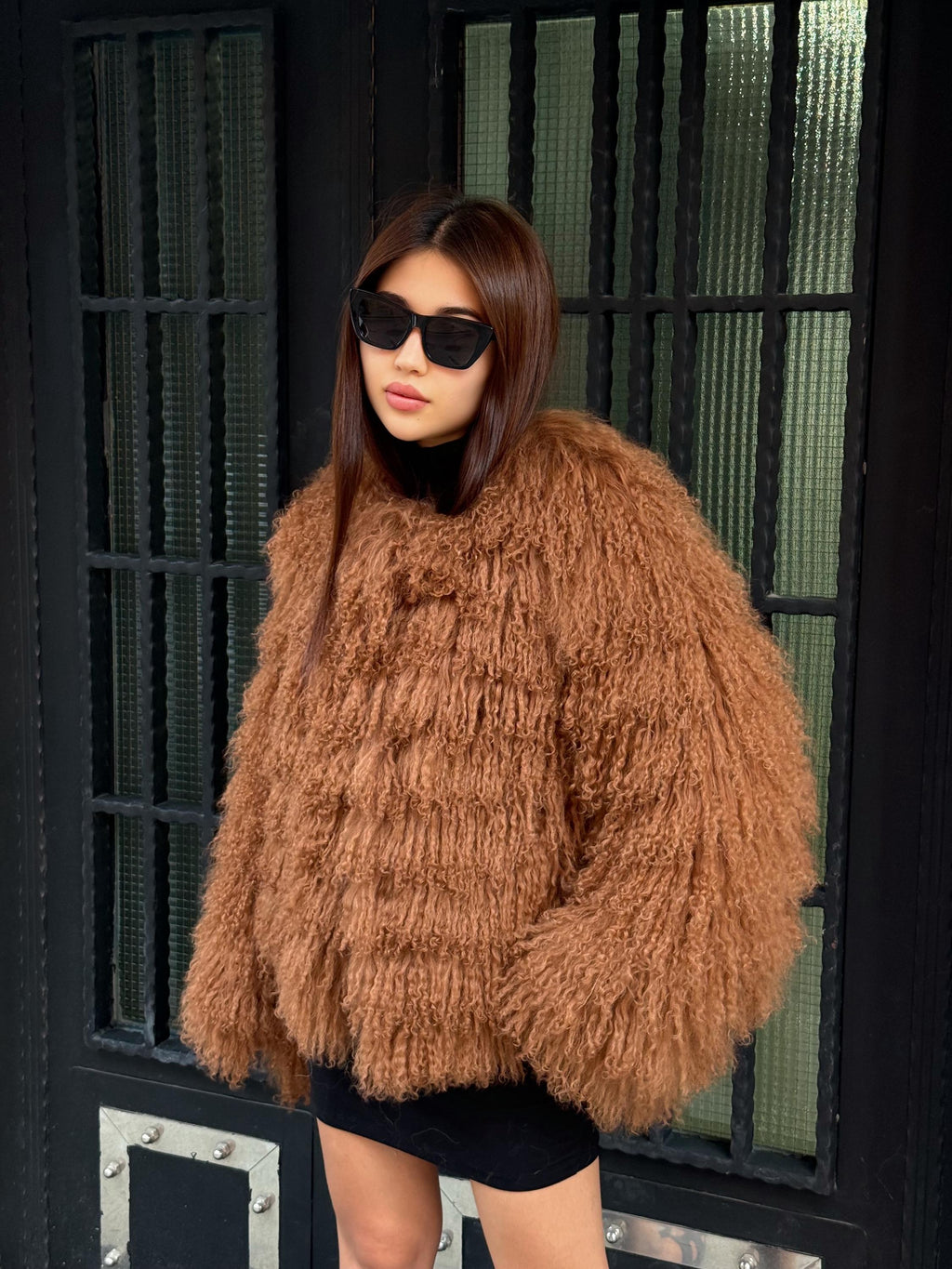 Brown Women Luxury Sheepskin Tibetan Fur Coat | Handmade Winter Fluffy Lamb Fur Outerwear | Full Skin Shaggy Mongolian Tibetan Fur Coat