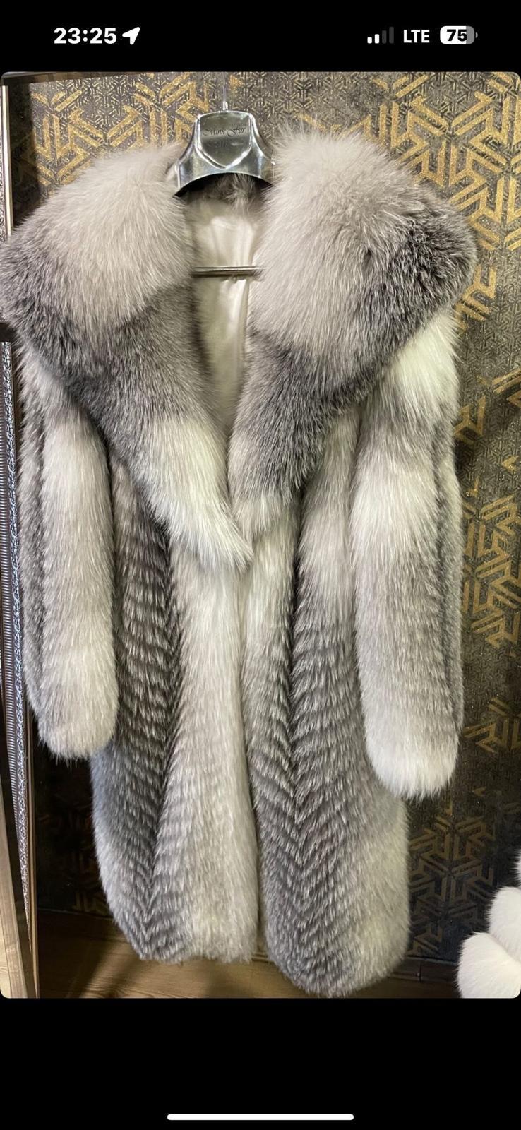 White Long Frost Fox Fur Coat With Hood, Handmade Women Fur Winter Jacket