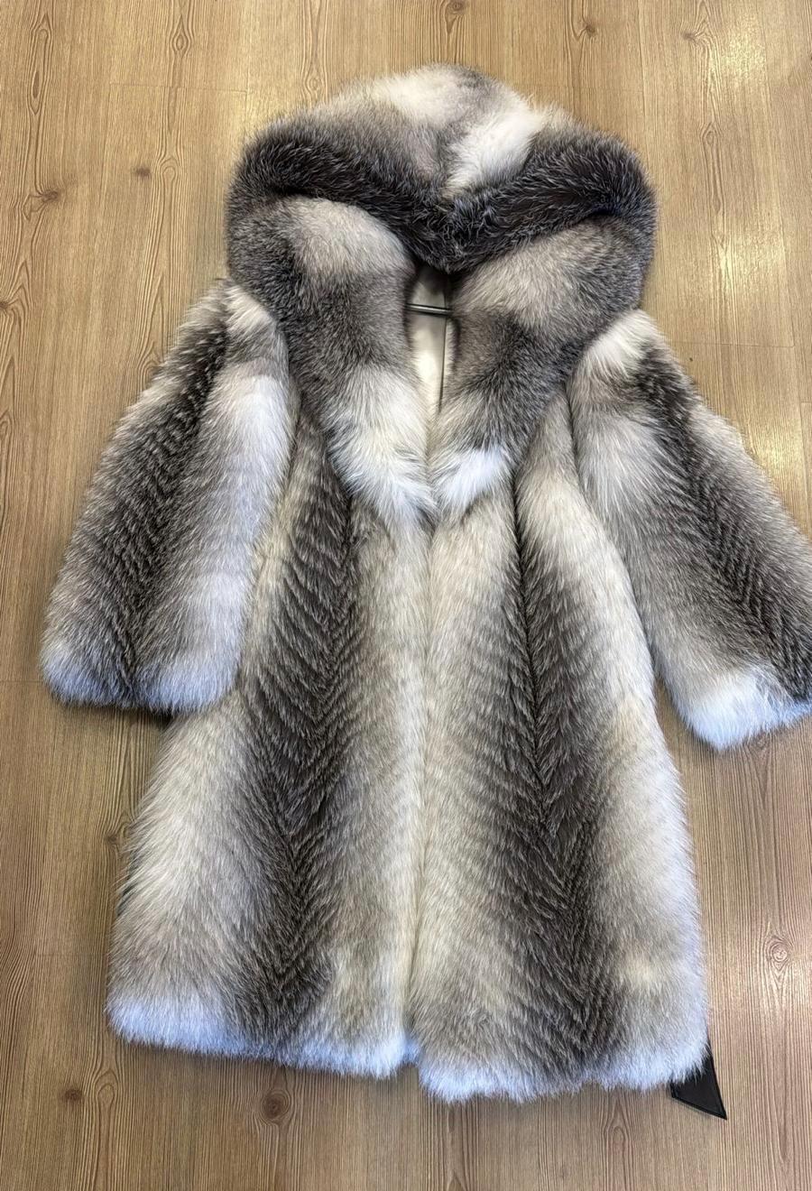 White Long Frost Fox Fur Coat With Hood, Handmade Women Fur Winter Jacket