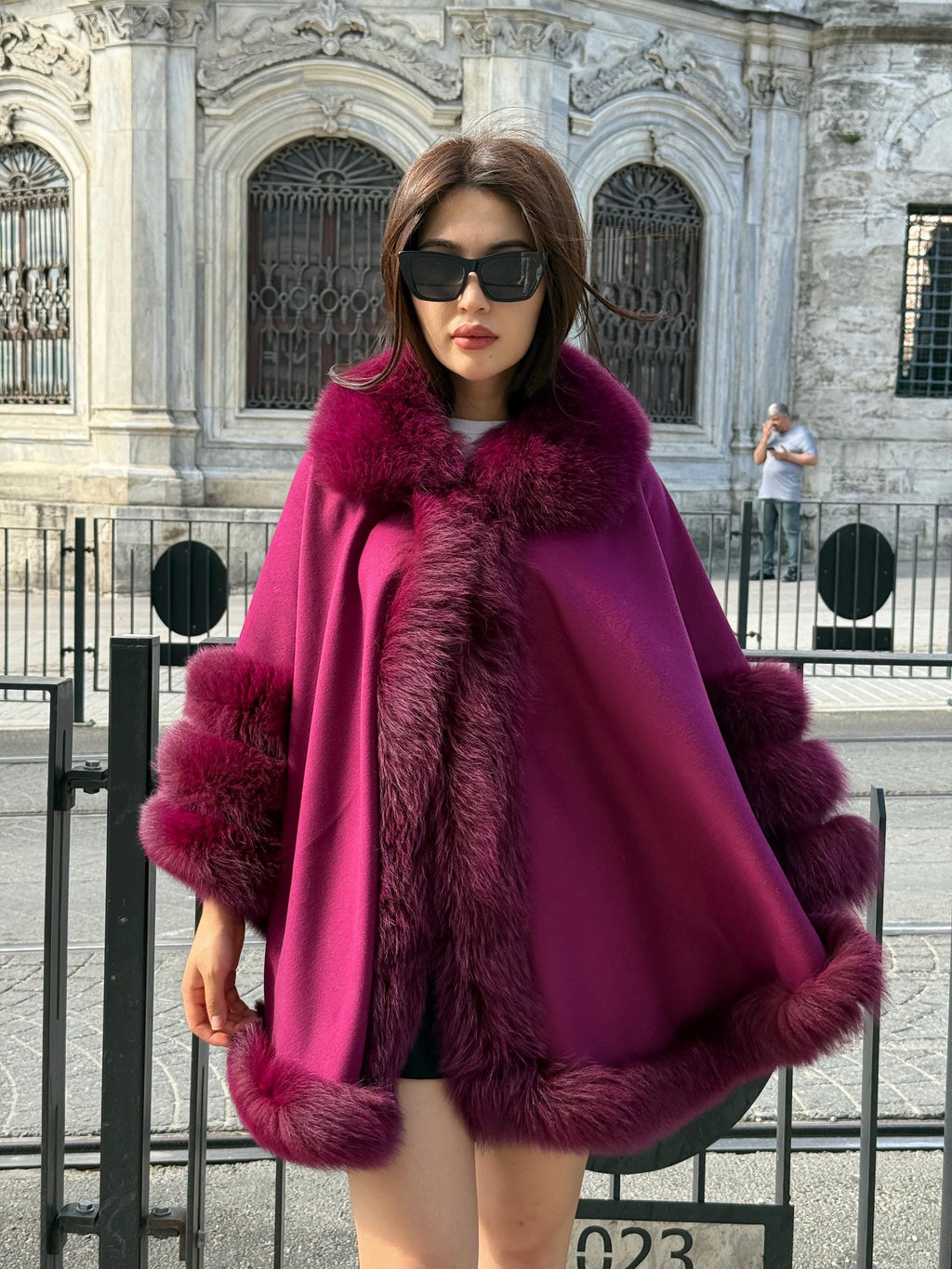 Burgundy Cashmere Cape with Fox Fur Trim: Handmade Luxury Winter Wool Shawl