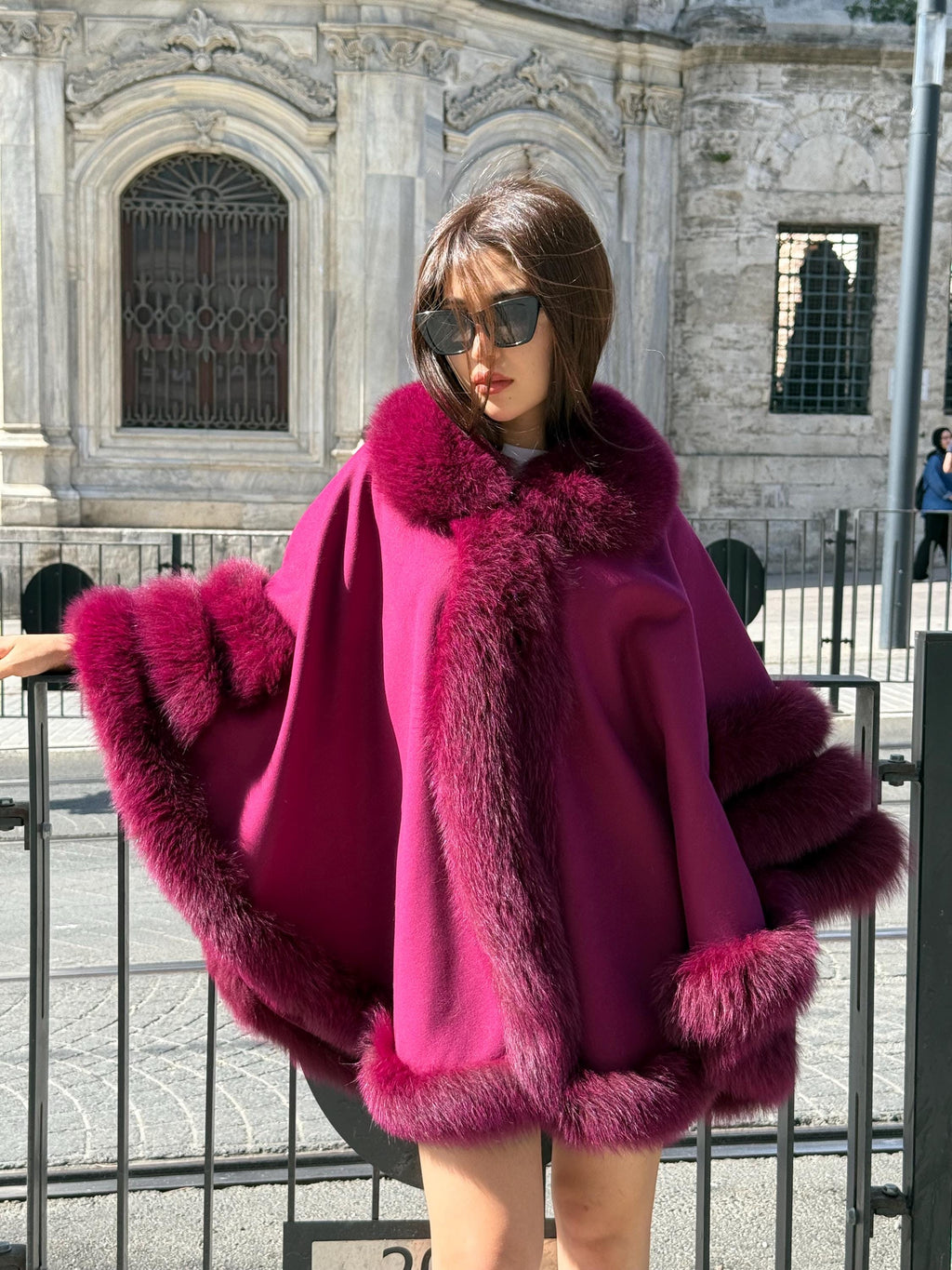 Burgundy Cashmere Cape with Fox Fur Trim: Handmade Luxury Winter Wool Shawl