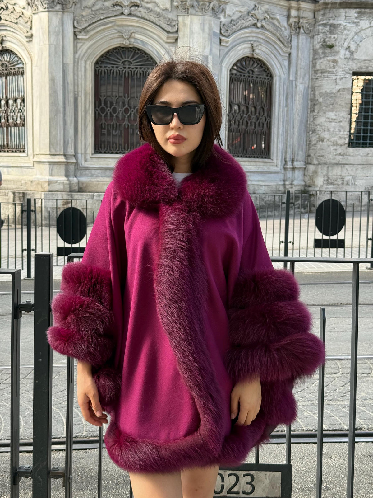 Burgundy Cashmere Cape with Fox Fur Trim: Handmade Luxury Winter Wool Shawl