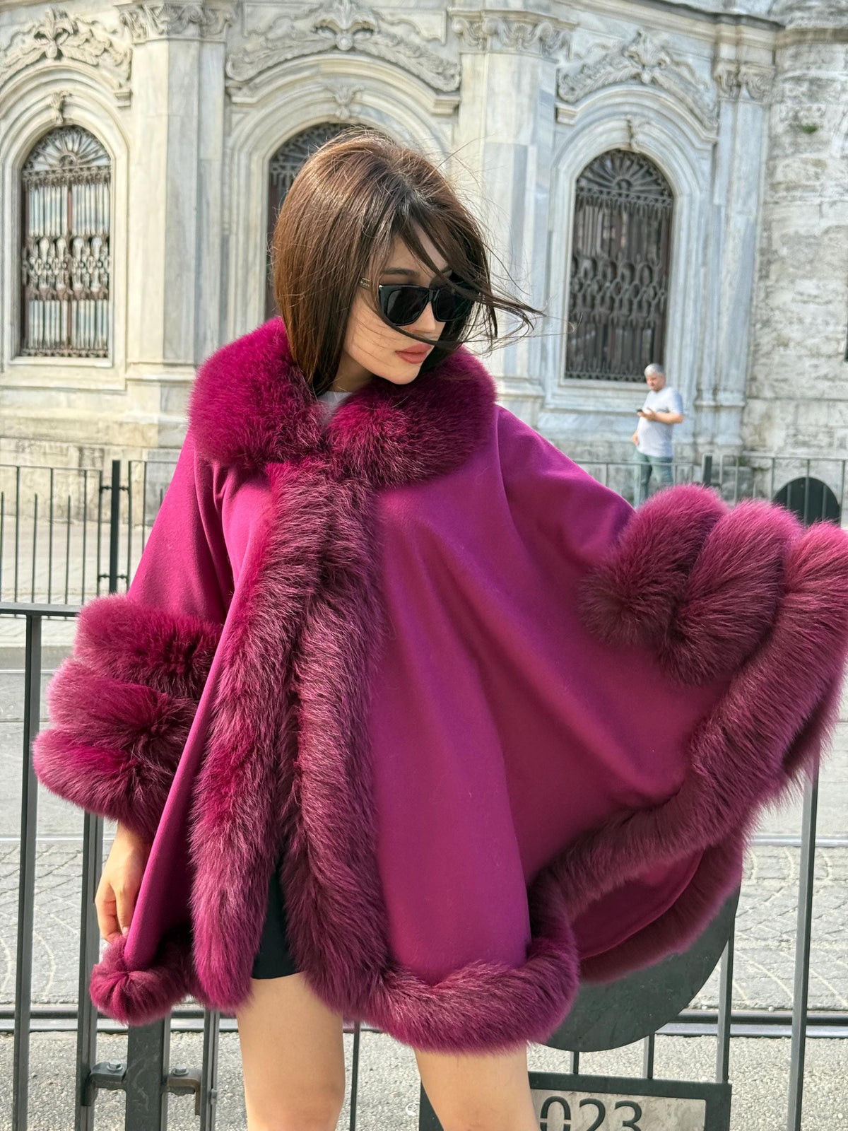 Burgundy Cashmere Cape with Fox Fur Trim: Handmade Luxury Winter Wool Shawl