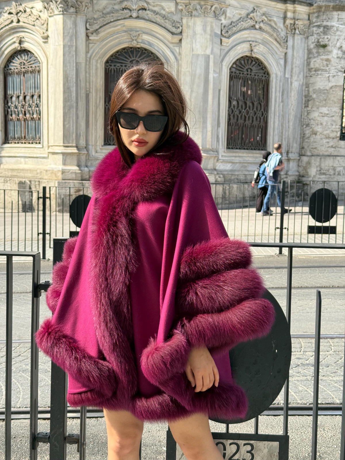 Burgundy Cashmere Cape with Fox Fur Trim: Handmade Luxury Winter Wool Shawl