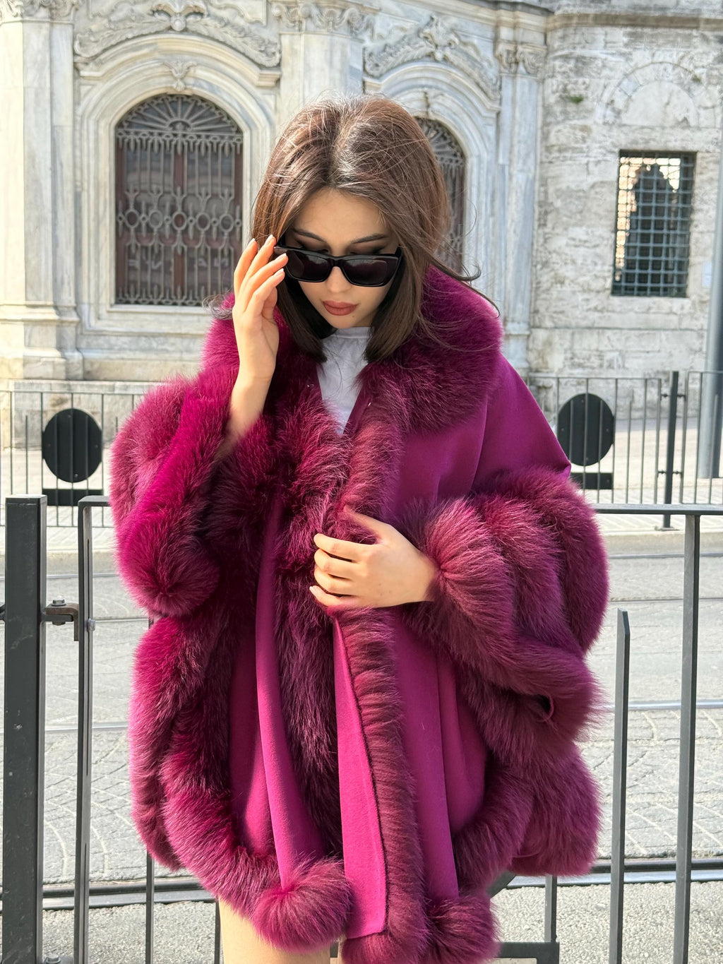 Burgundy Cashmere Cape with Fox Fur Trim: Handmade Luxury Winter Wool Shawl