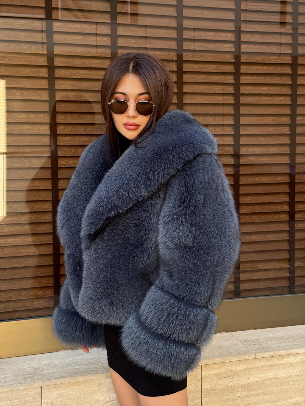 Women’s Anthracite Fox Fur Jacket, Gray Handmade Short Full Skin Winter Fur Coat