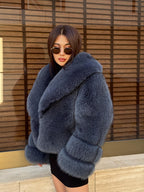 Women’s Anthracite Fox Fur Jacket, Gray Handmade Short Full Skin Winter Fur Coat