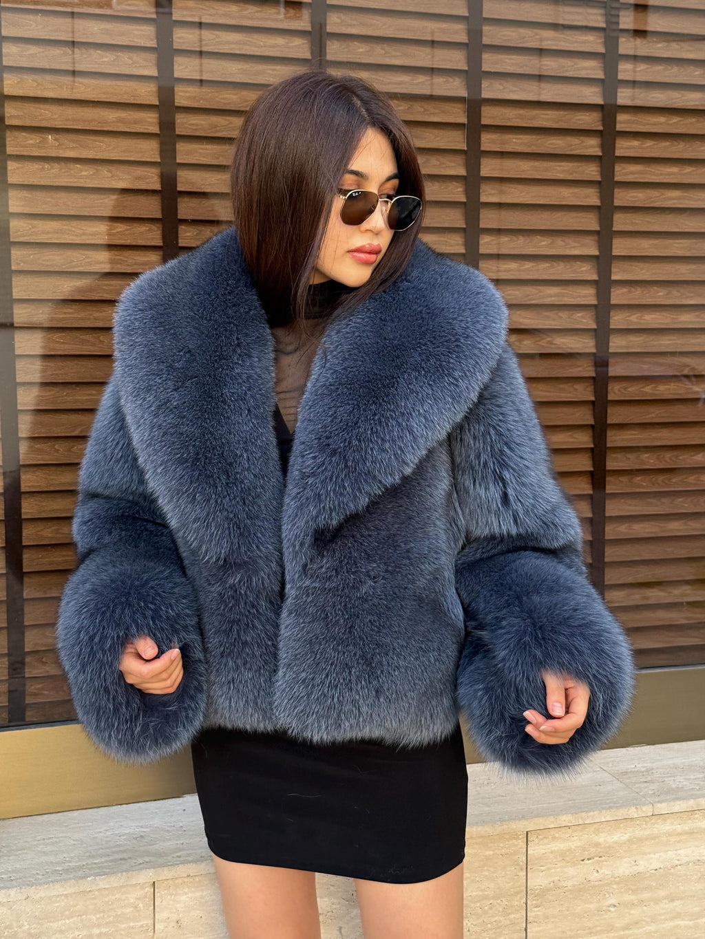 Women’s Anthracite Fox Fur Jacket, Gray Handmade Short Full Skin Winter Fur Coat