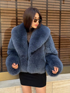 Women’s Anthracite Fox Fur Jacket, Gray Handmade Short Full Skin Winter Fur Coat