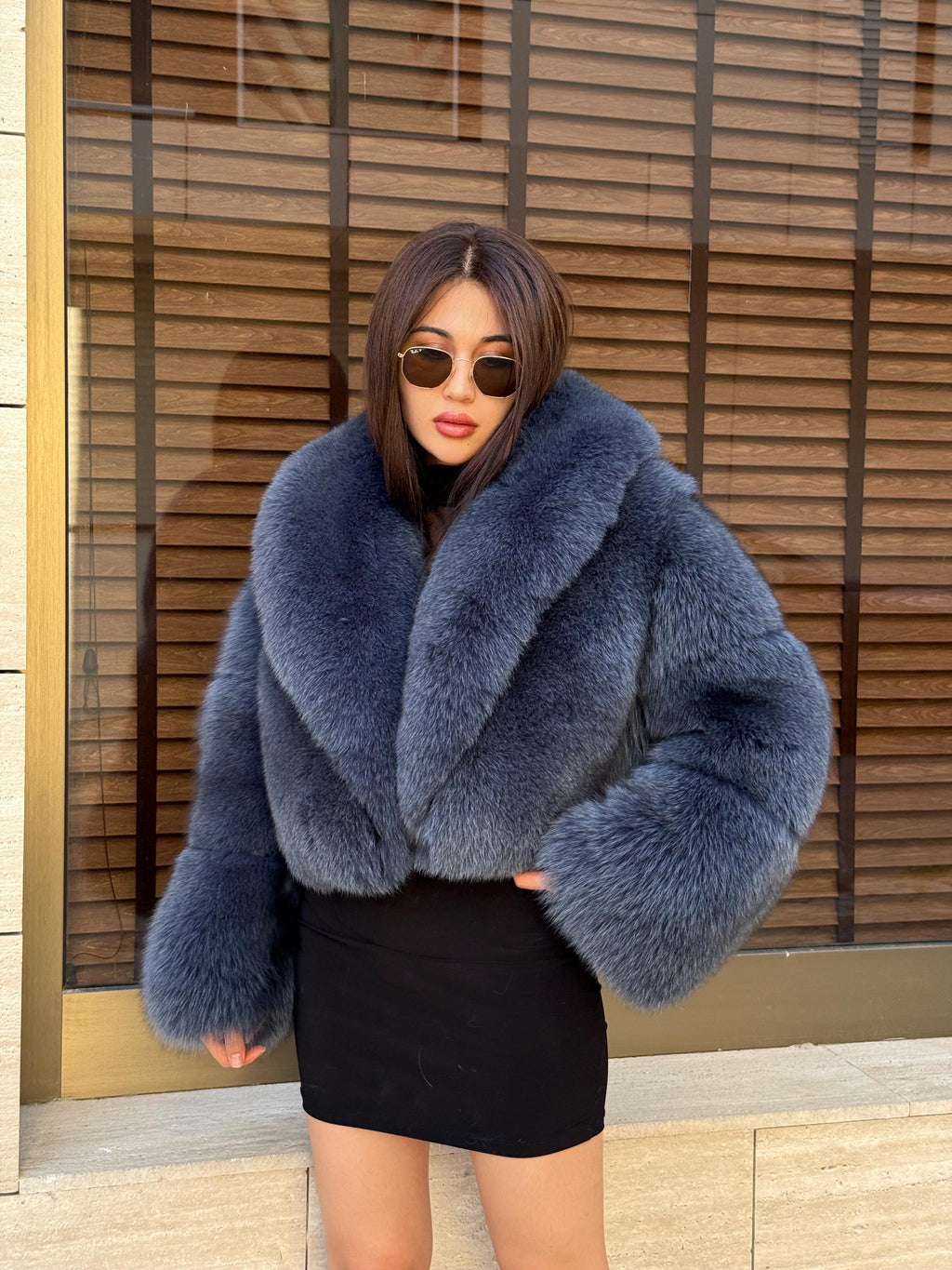 Women’s Anthracite Fox Fur Jacket, Gray Handmade Short Full Skin Winter Fur Coat
