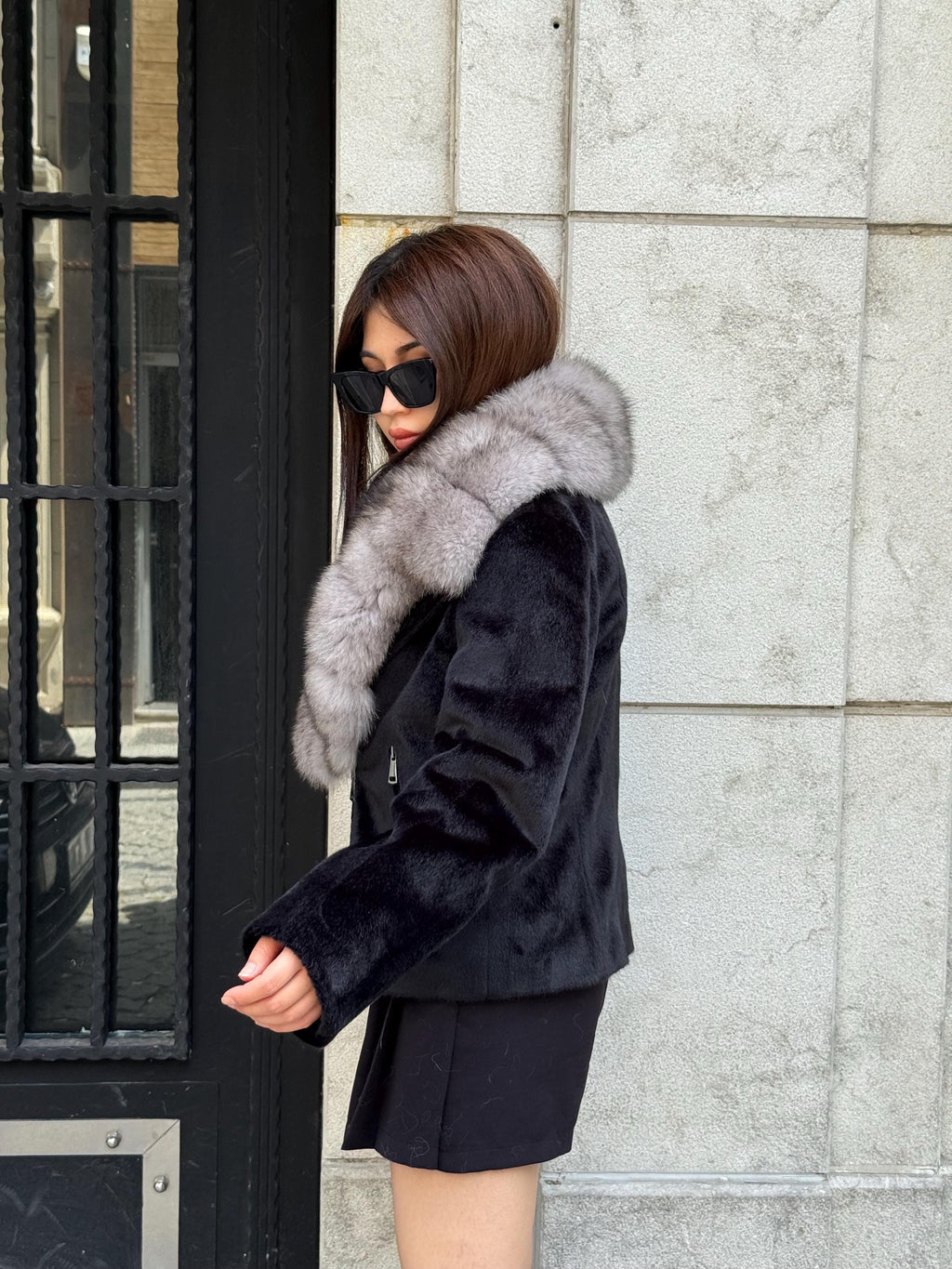 Black Alcantara Short Jacket, Collar Fox Fur Jacket./ Women Fox Fur Jacket.. Genuine Fox Fur