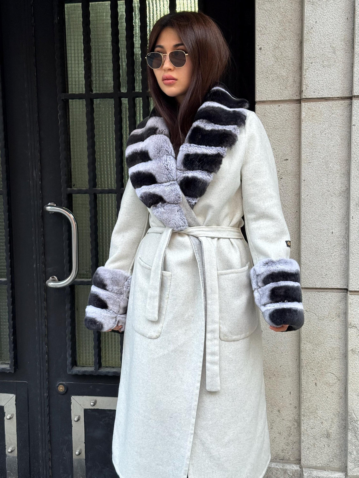 White Long Alpaca Wool Coat Women, Handmade Collar Cuffs Fox Fur Jacket