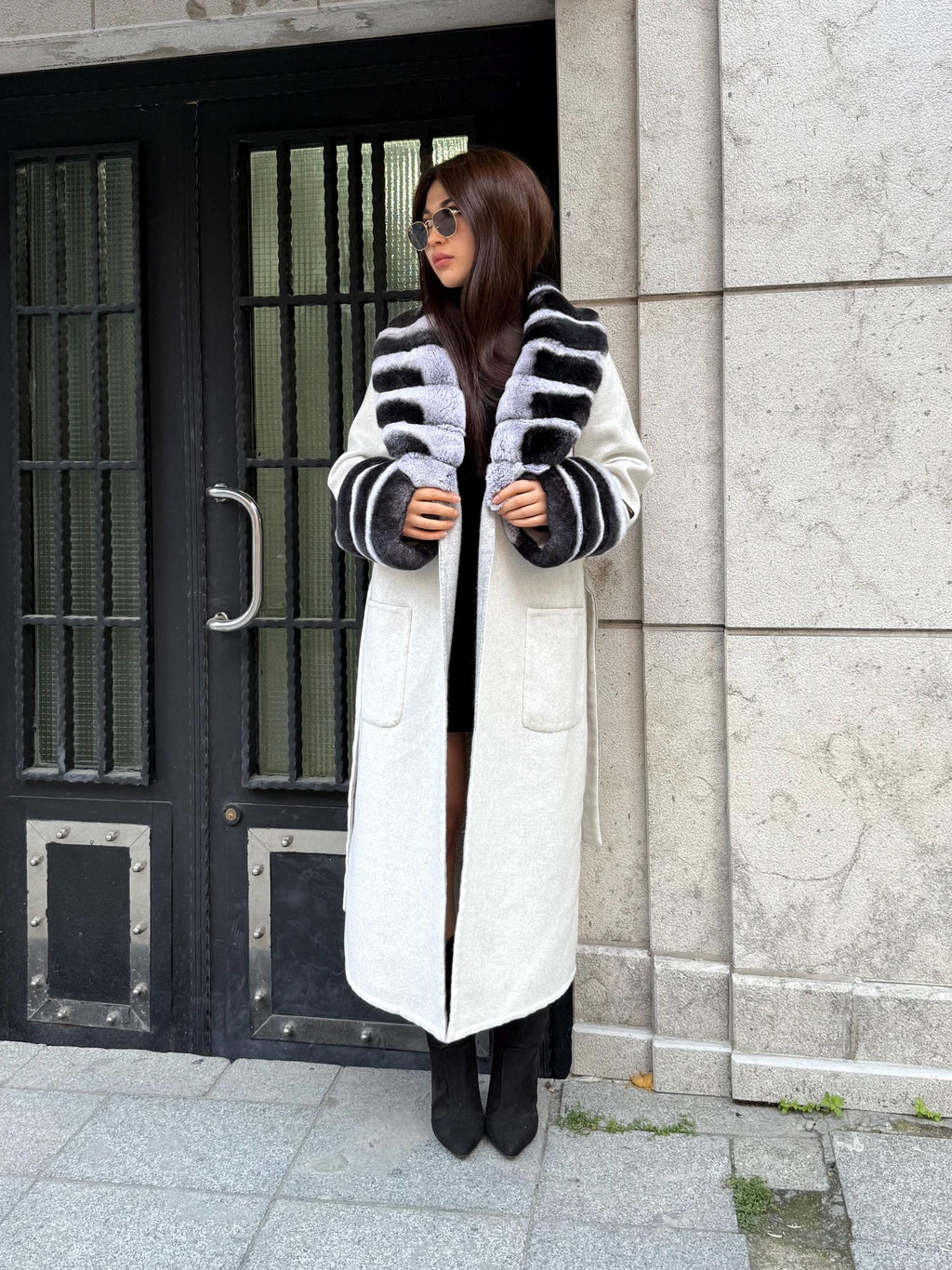 White Long Alpaca Wool Coat Women, Handmade Collar Cuffs Fox Fur Jacket