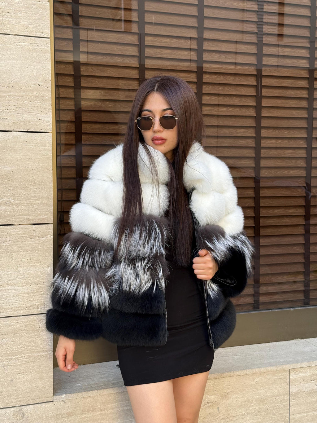 Women Fox Fur Jacket: Handmade Ombre White Silver Black Gradient Coat