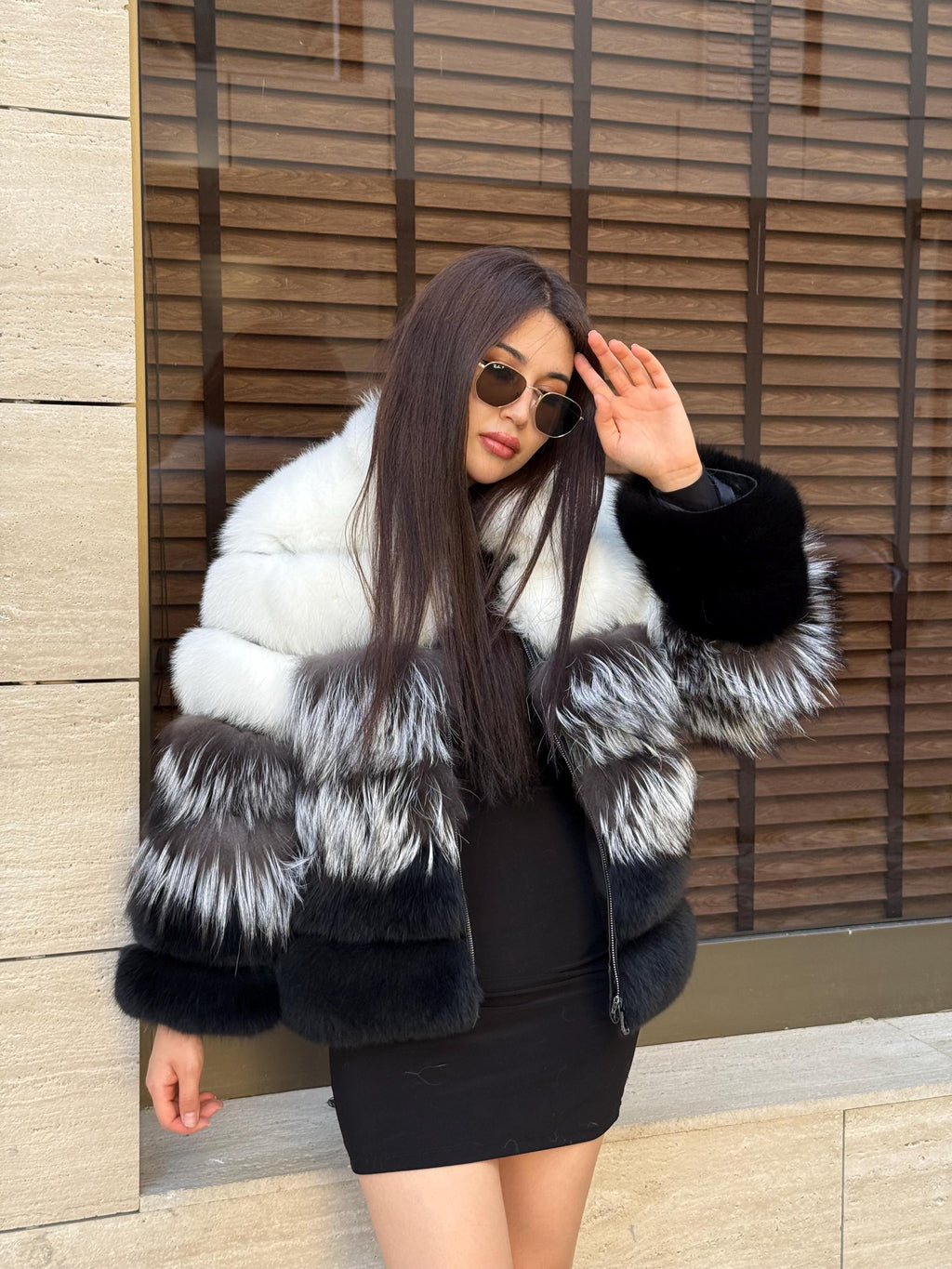 Women Fox Fur Jacket: Handmade Ombre White Silver Black Gradient Coat