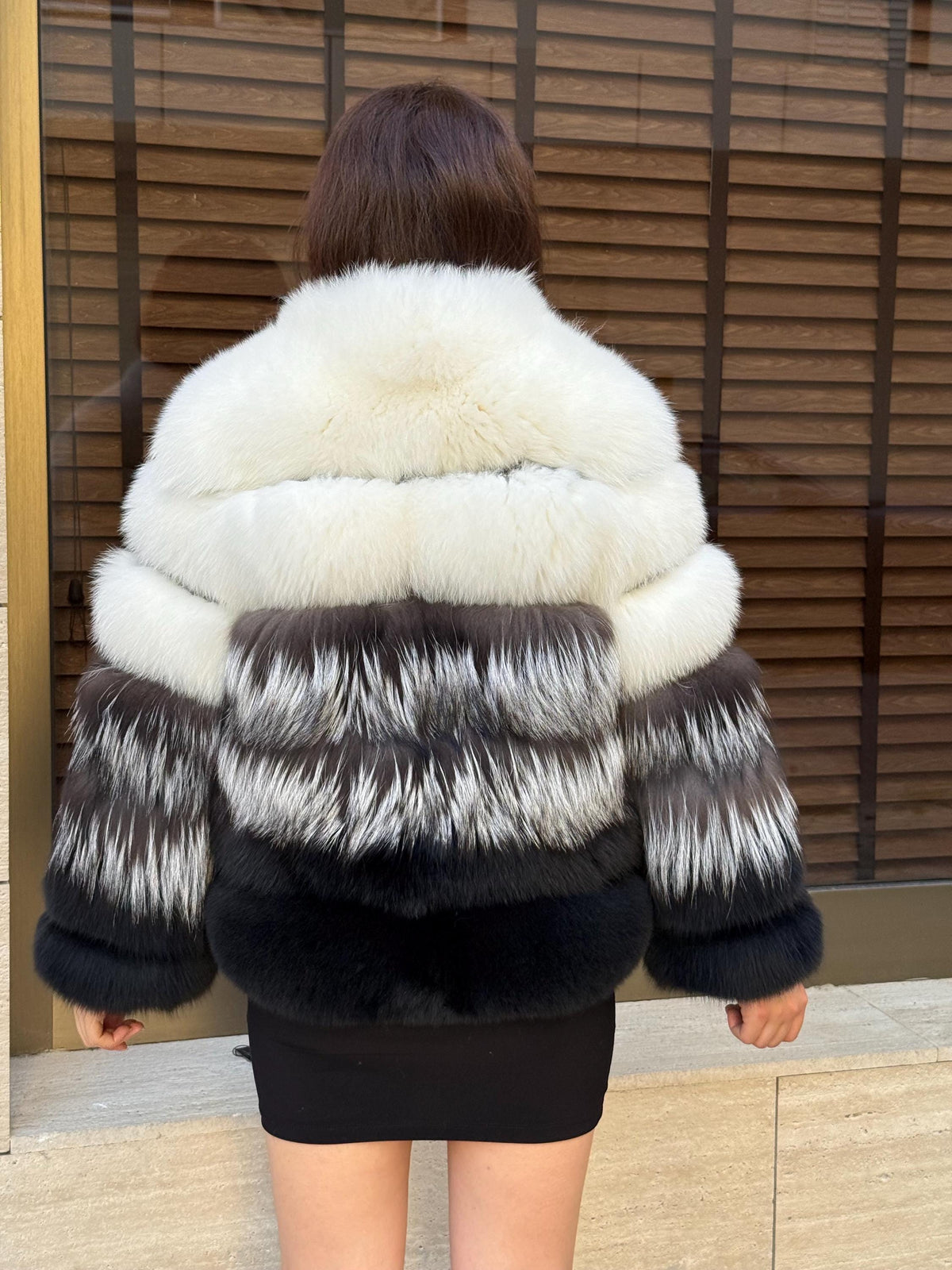 Women Fox Fur Jacket: Handmade Ombre White Silver Black Gradient Coat