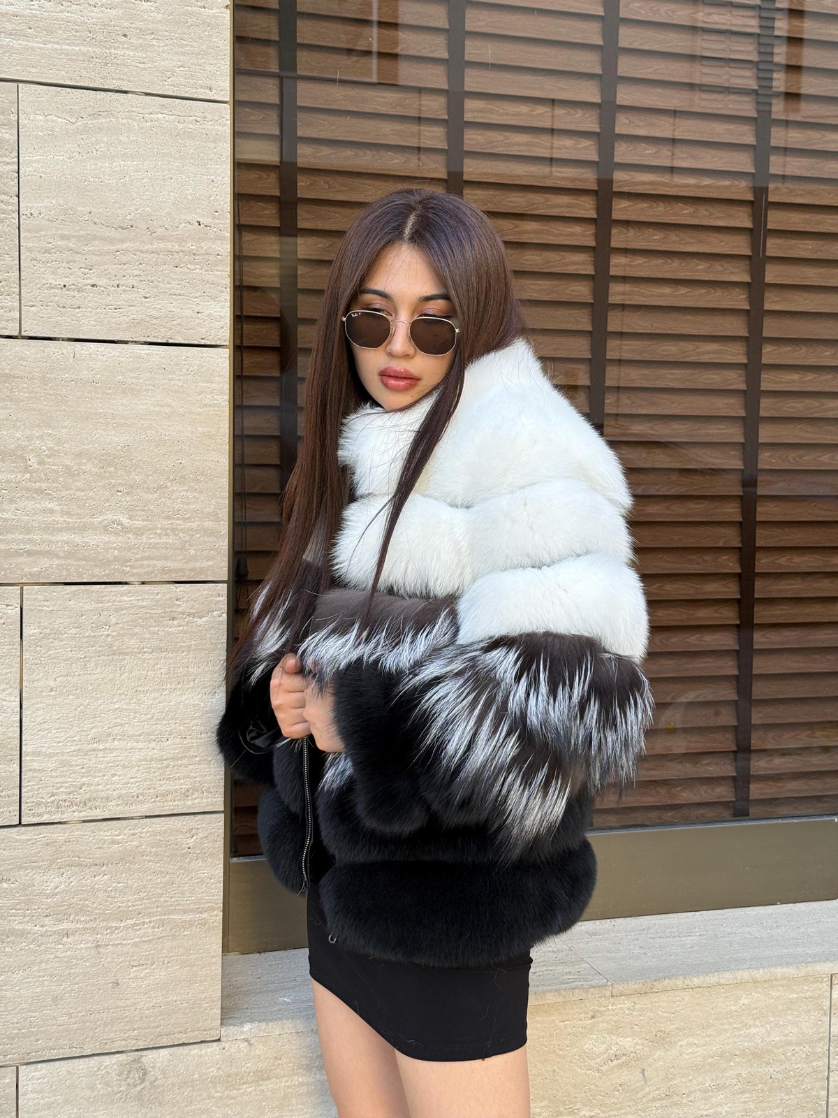 Women Fox Fur Jacket: Handmade Ombre White Silver Black Gradient Coat