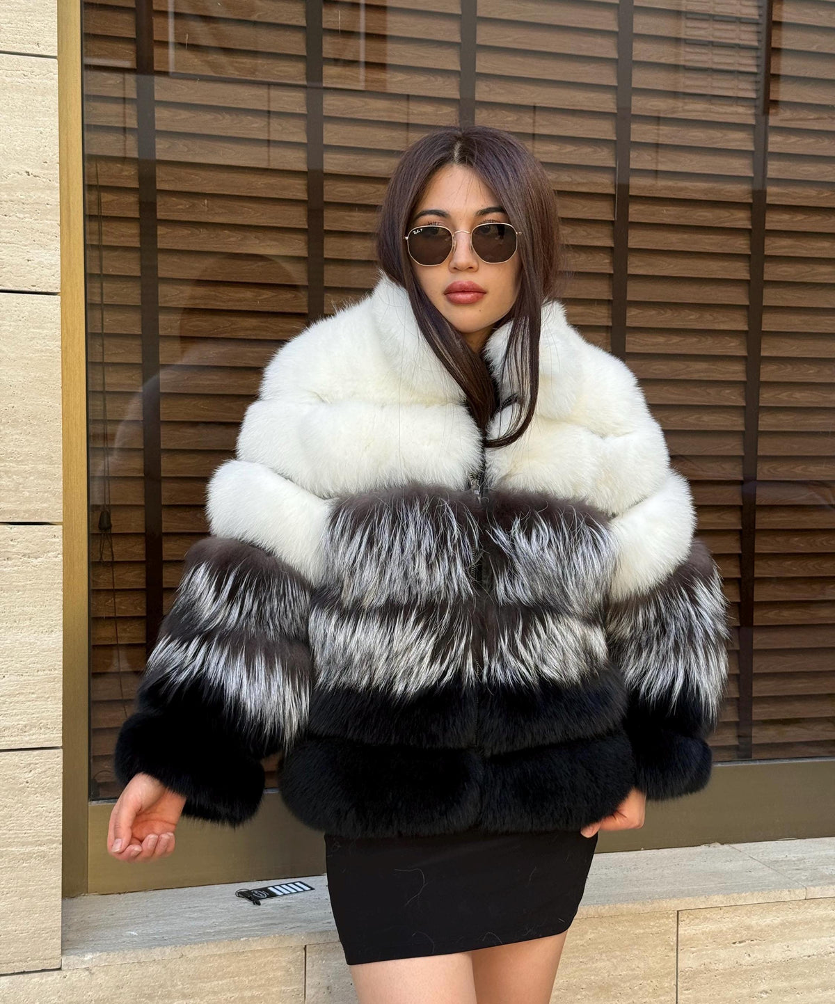 Women Fox Fur Jacket: Handmade Ombre White Silver Black Gradient Coat