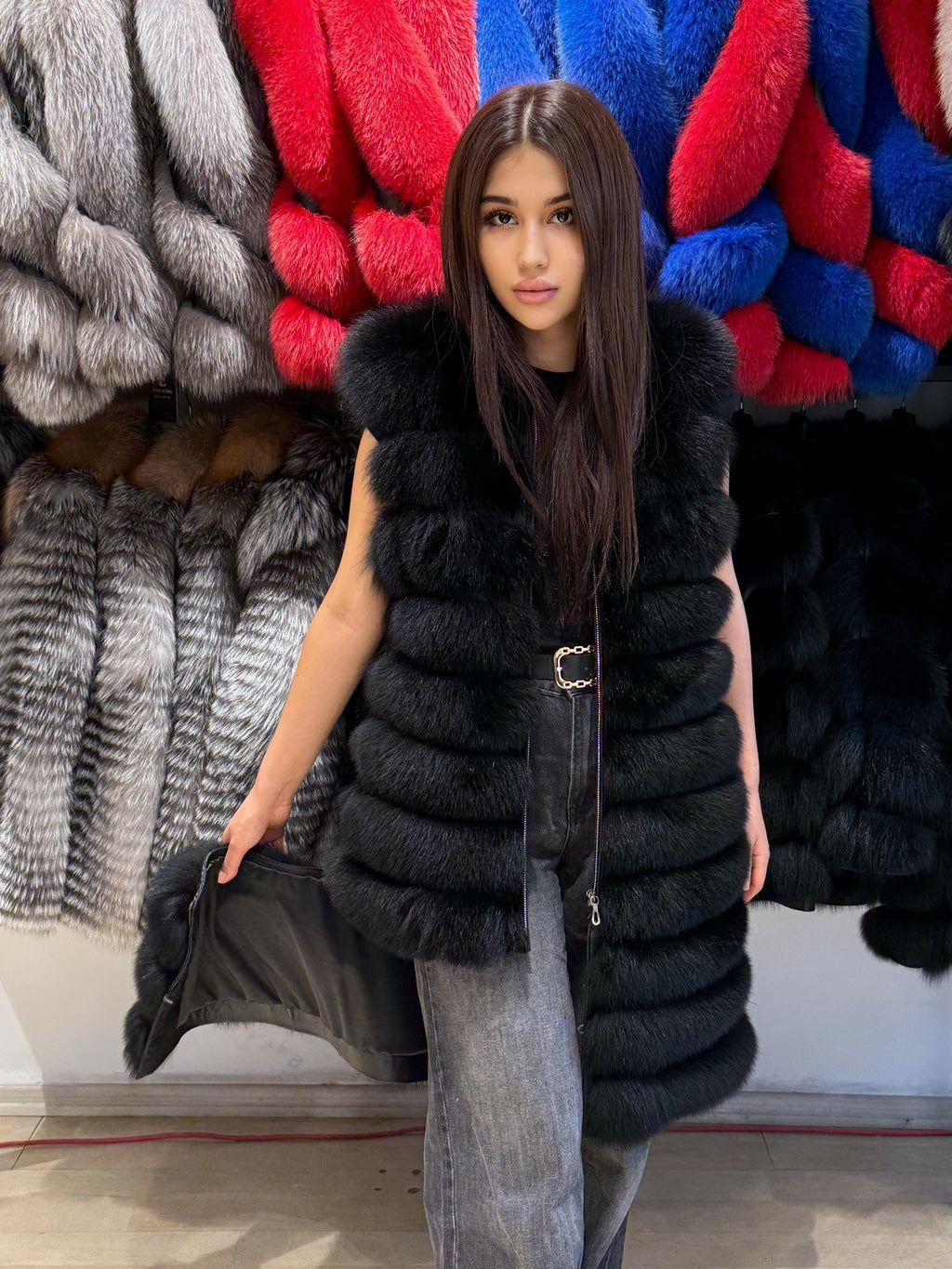 Black Handmade Luxury Convertible Fox Fur Coat | 4 in 1 Black Women Fox Fur Coat & Vest | Long to Short Fur Coat
