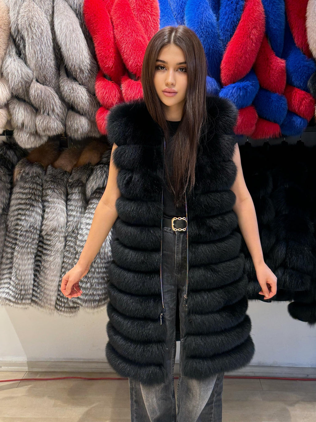 Black Handmade Luxury Convertible Fox Fur Coat | 4 in 1 Black Women Fox Fur Coat & Vest | Long to Short Fur Coat